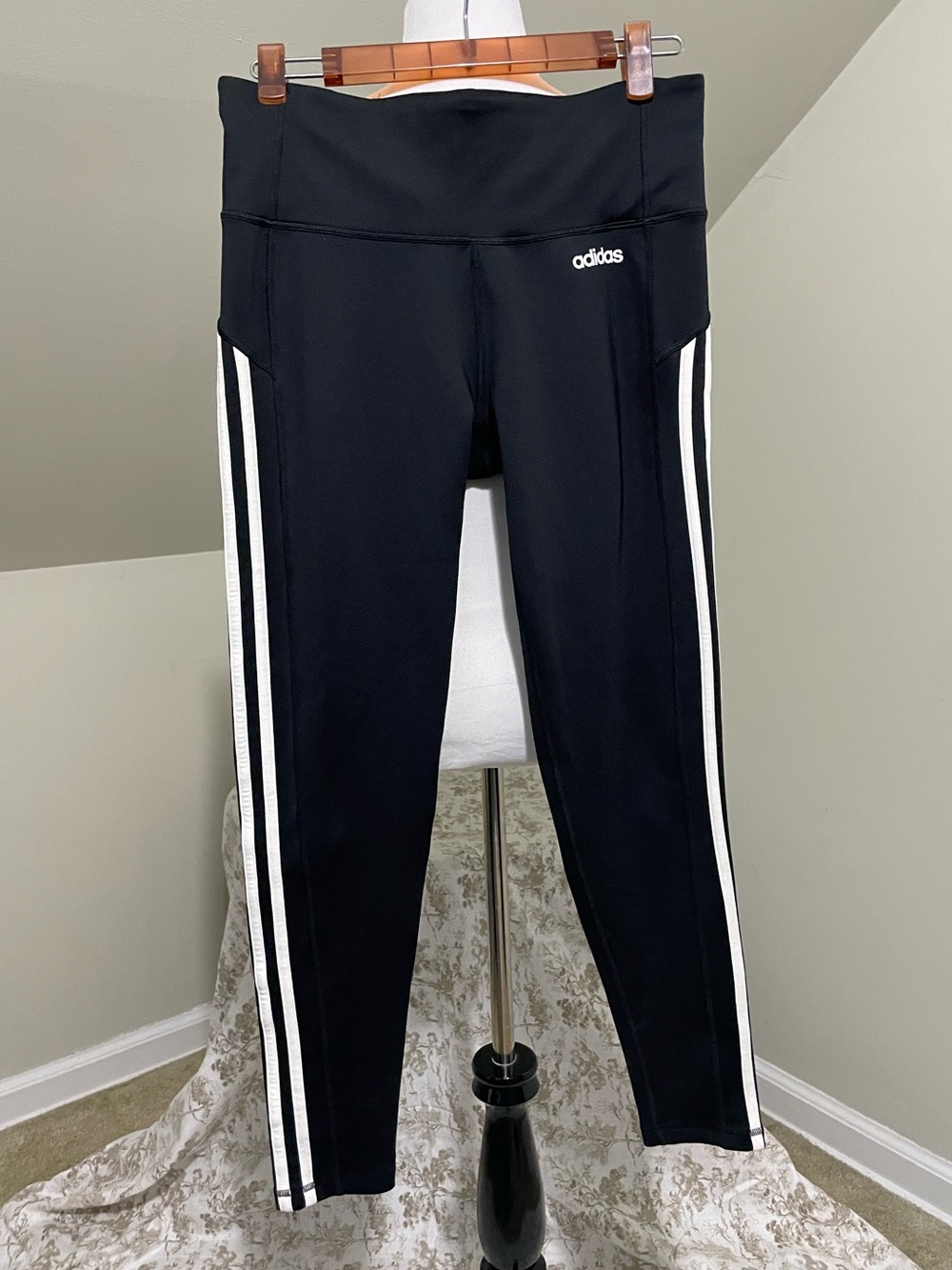 adidas Black Leggings with classic cream Side Stripes